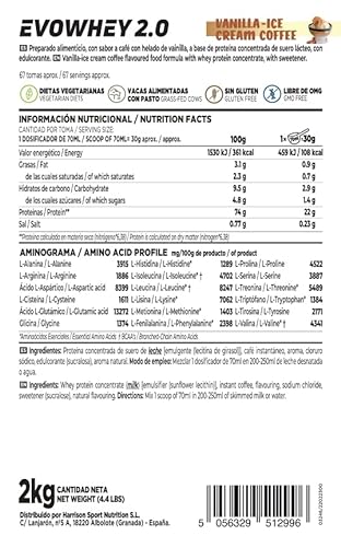 Concentrado de Proteína de Suero de HSN Evowhey Protein 2.0 | Sabor Café con Helado de Vainilla 2 Kg = 67 Tomas por Envase | Whey Protein Concentrate | No-GMO, Vegetariano, Sin Gluten ni Soja