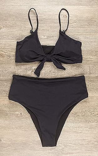 Conjunto de Bikini de Cintura Alta para Mujer Traje de Baño de Dos Piezas Traje de Baño de Nudo de Corbata de Guinga(Negro,M)
