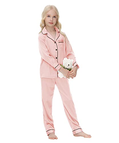 Conjunto de pijama para niñas, camisa de manga larga con botones, blusas con bolsillo y pantalones largos, pijama de otoño, 2 piezas, ropa de dormir con botones, camisón, champán 150 11-12 años