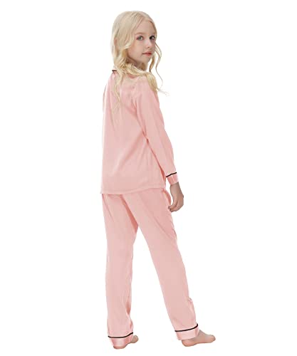 Conjunto de pijama para niñas, camisa de manga larga con botones, blusas con bolsillo y pantalones largos, pijama de otoño, 2 piezas, ropa de dormir con botones, camisón, champán 150 11-12 años