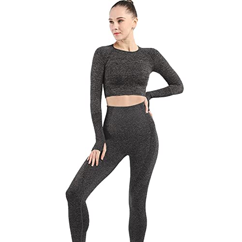 Conjunto Yoga 3 Piezas Ropa Fitness, Pantalones De Yoga Súper Elásticos Sin Costuras+Bralette para Mujer+Camiseta Deportiva De Manga Larga (Negro L)