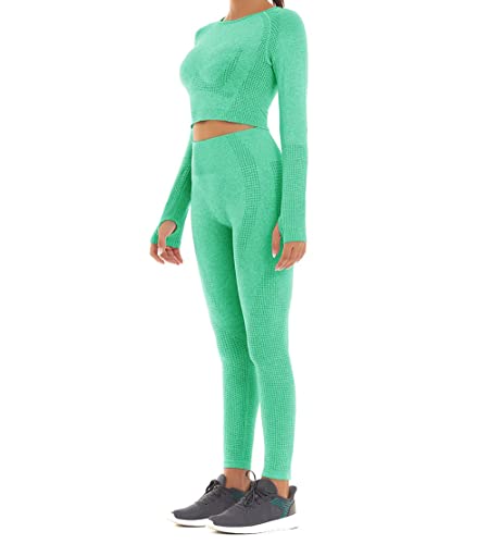 Conjunto Yoga 3 Piezas Ropa Fitness, Pantalones De Yoga Súper Elásticos Sin Costuras+Bralette para Mujer+Camiseta Deportiva De Manga Larga （verde, M）