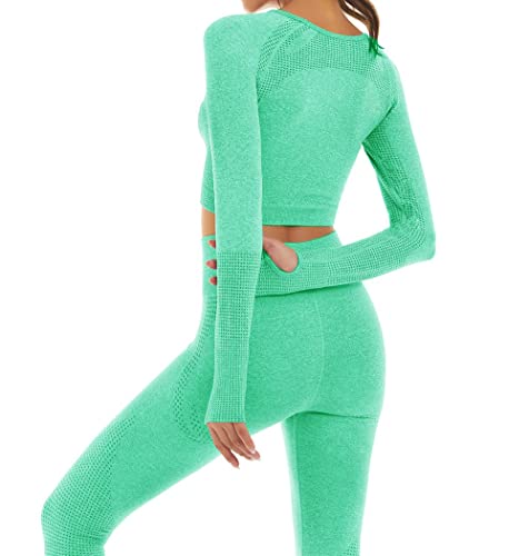 Conjunto Yoga 3 Piezas Ropa Fitness, Pantalones De Yoga Súper Elásticos Sin Costuras+Bralette para Mujer+Camiseta Deportiva De Manga Larga （verde, M）