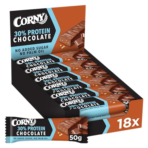 Corny - Protein Chocolate Barritas Proteicas con Chocolate, con 30% de Proteínas, 0% Azúcares Añadidos, Ayudan al Desarrollo y Recuperación de la Masa Muscular - Pack de 18x50 g