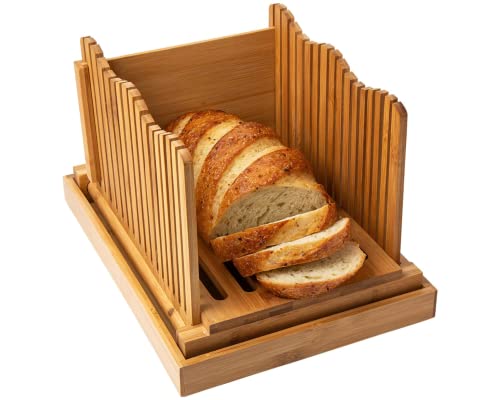 Cortador de pan de bambú para pan casero - Tabla de madera para cortar pan con soporte para desmenuzar - Cortador de pan plegable y compacto - Rebanadas finas o gruesas
