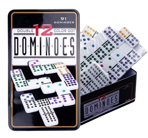 COSHANO Dominó Doble 12 Puntos de Colores Juego 91 fichas Caja de Metal incluida Dominoes.