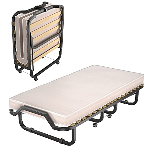 COSTWAY Cama plegable con colchón de 10 cm grueso, cama plegable supletoria 90 x 200 cm sobre ruedas con estructura estable para hogar, oficina y camping