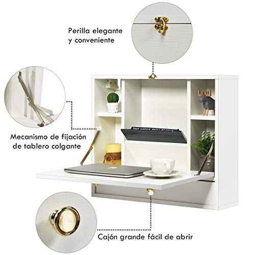 COSTWAY Mesa Plegable de Pared para Ordenador, Escritorio de Madera con Compartimientos y Cajón para Hogar, 60 x 15 x 50 cm (Blanco)