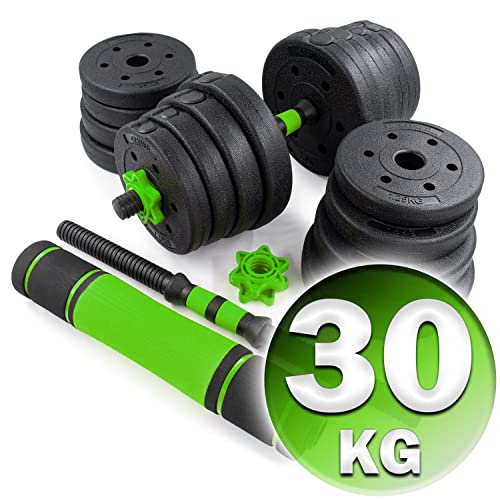 C.P.Sports 2in1 Juego de mancuernas y pesas 30kg | 4x 1,25kg -4x 1,5kg -4x 2,0kg - 4x 2,5kg pesas - 2x mangos | Placas de plástico para entrenamiento con pesas, fitness, gimnasio en casa |verde-negro