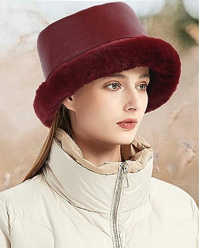 crazy bean Sombreros de Pescador de Cuero Cálido Invierno Sombreros de Cubo Peludo Esponjos Mujer Bucket Hat Adulto Moda（Borgoña）