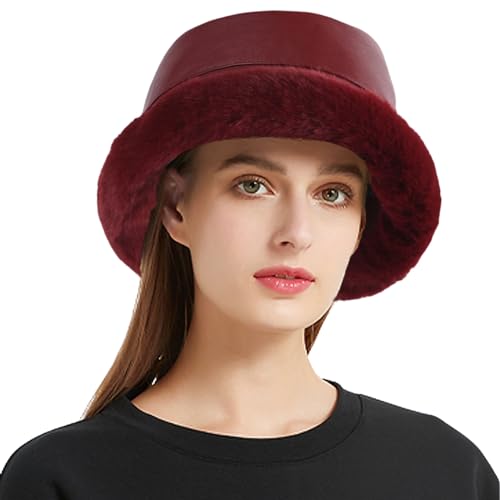 crazy bean Sombreros de Pescador de Cuero Cálido Invierno Sombreros de Cubo Peludo Esponjos Mujer Bucket Hat Adulto Moda（Borgoña）