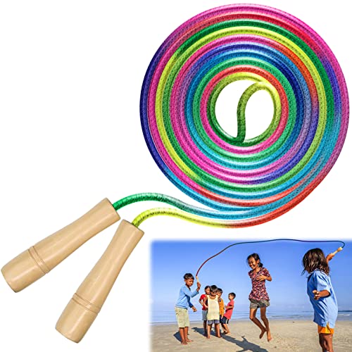 Cresbel Cuerda de saltar para niños: 5 m de largo, mango de madera, cuerda de saltar arco iris para varios jugadores, comba para niños 4, 6, 8, 10 años, cuerda para grupos para saltar la cuerda