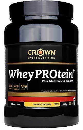 Crown Sport Nutrition Whey PROtein+ - Concentrado proteína suero de leche con aminoácidos Leucina y Glutamina con certificado antidoping Informed Sport (Bote de 848g, sabor wafer cookies)
