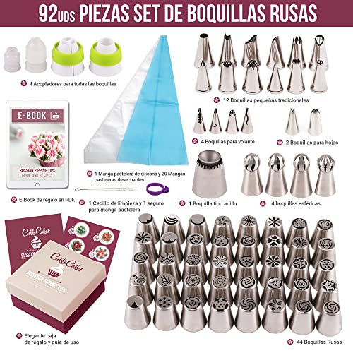 CukkiCakes Boquillas Rusas de Repostería - Set Decoración de Cupcakes y Tartas (92pcs): 65 Boquillas + 20 Mangas Pasteleras Desechables + Bolsa Silicona Reutilizable + 4 Adaptadores + Accesorios