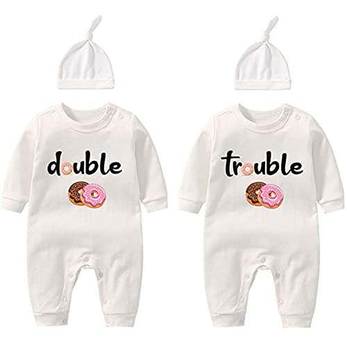 culbutomind Ropa Bebé Gemelo Double Trouble Bebé Niños Recien Divertido Pijama para Bebé 2 Piezas Mono para Niños(Sweet White 9m)