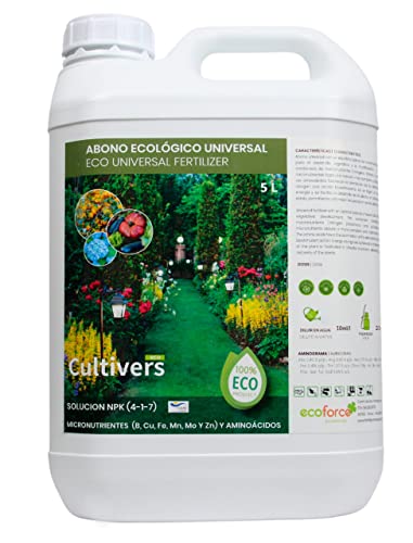 CULTIVERS Fertilizante Universal Ecológico Líquido de 5L. Abono 100% Orgánico y Natural. Solución NPK (4-1-7) con Micronutrientes (B, CU, Fe, MN, Mo Y Zn) con Aminoácidos