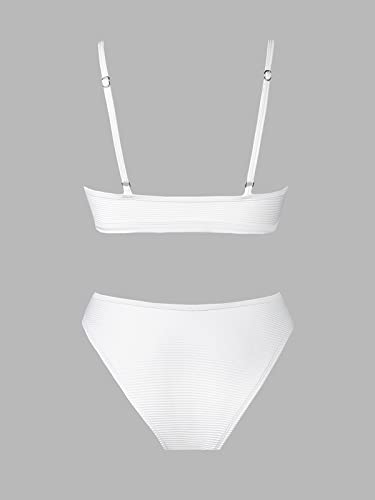 CUPSHE Conjunto de bikini para mujer, traje de baño de cintura media, corte alto, tirantes delgados, acanalado descarado, Blanco, Medium