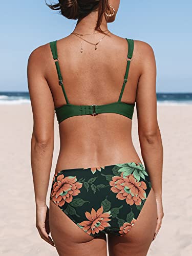 CUPSHE Mujer Traje de baño de Bikini de Talle Medio Traje de baño de Dos Piezas con Gancho en la Espalda con Escote Pronunciado Floral XL Verde Azulado