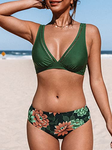 CUPSHE Mujer Traje de baño de Bikini de Talle Medio Traje de baño de Dos Piezas con Gancho en la Espalda con Escote Pronunciado Floral XL Verde Azulado