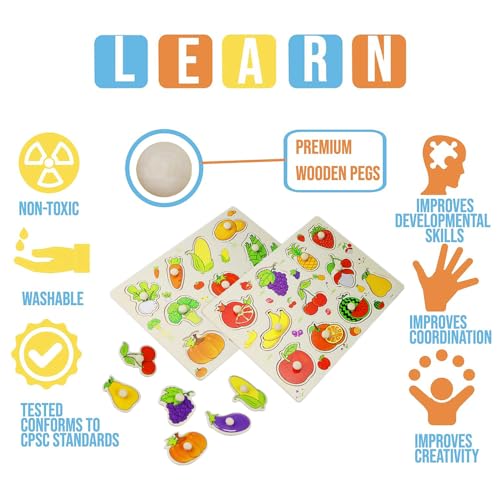 DAGORD Rompecabezas de Madera Bebé Puzzle de Madera Frutas y Verduras Juguetes de Aprendizaje Montessori Rompecabezas de Madera Juegos Educativos para Niños de 1 2 3 Años Regalos