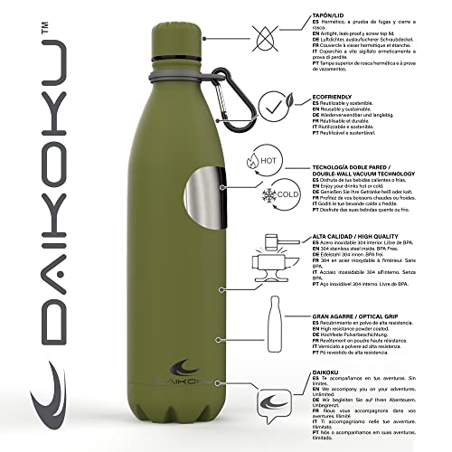 Daikoku - Botella Termica de Acero Inoxidable 750ML | A Prueba de Fugas | Bebidas Calientes por 12 Horas y Frías por 24 | Seguro y Saludable | Ideal para Senderismo, Gimnasio, Oficina | Verde Militar