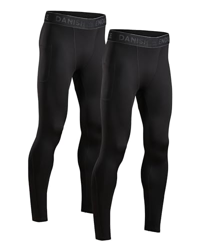 DANISH ENDURANCE 2 Pack Mallas de Compresión para Hombre, Pantalones Deportivos Running con Bolsillos, Negro, XL
