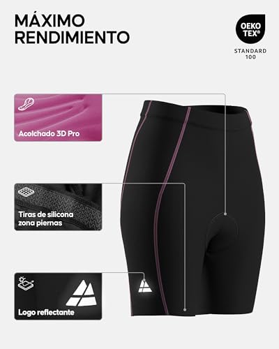 DANISH ENDURANCE Pantalón Corto Acolchados con Gel 3D de Ciclismo para Mujer, Elásticos, Transpirables, Negro/Rosa, S