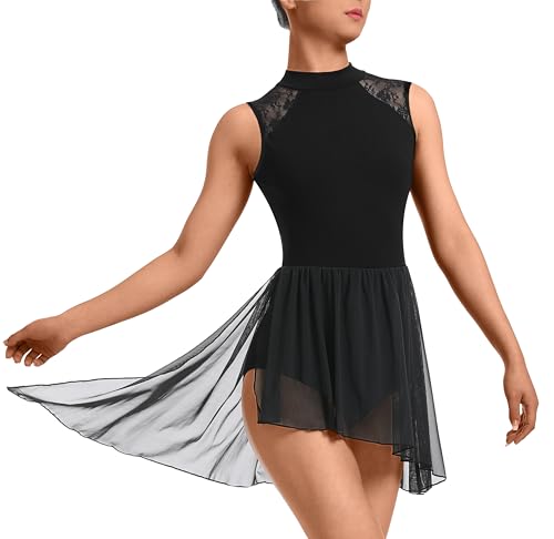 DANSHOW Vestido de baile moderno lírico para mujer trajes de danza contemporánea asimétrico alto bajo falda,Ropa de baile de encaje, Negro , Asiático S