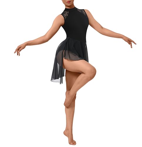 DANSHOW Vestido de baile moderno lírico para mujer trajes de danza contemporánea asimétrico alto bajo falda,Ropa de baile de encaje, Negro , Asiático S