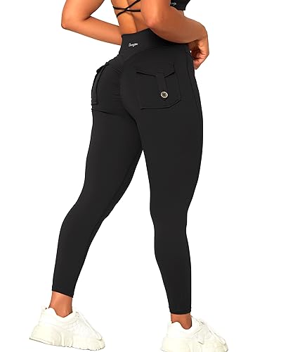 Danysu Leggings con bolsillo en los glúteos para mujer, cintura cruzada, entrenamiento, gimnasio, Negro, S