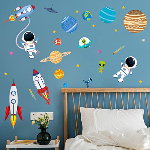 decalmile Pegatinas de Pared Espacio Planetas Cohetes Vinilos Decorativos Sistema Solar Astronauta Adhesivos Pared Habitación Niños Dormitorio Cuarto de Jugar