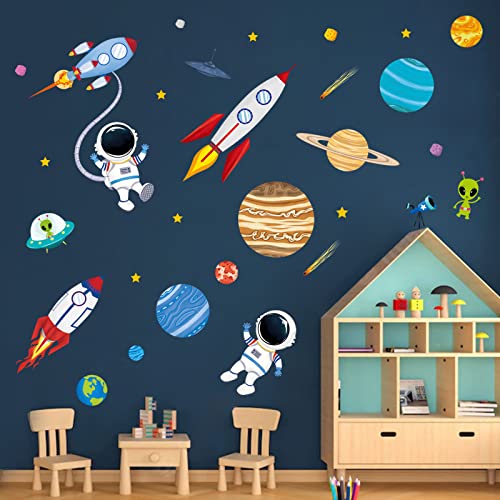 decalmile Pegatinas de Pared Espacio Planetas Cohetes Vinilos Decorativos Sistema Solar Astronauta Adhesivos Pared Habitación Niños Dormitorio Cuarto de Jugar