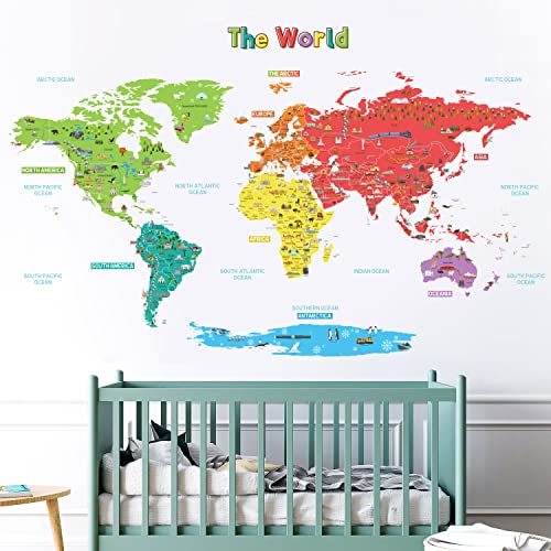 DECOWALL SG-1902S The Big World Map Pegatinas de pared Niños Calcomanías de pared de madera Decoración de cuarto de niños Peel and Stick Arte extraíble Habitación de bebé