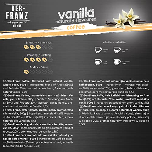 Der-Franz Café, Aromatizados con Vainilla, Café mezcla de Arábica y Robusta granos enteros, 3 x 500 g