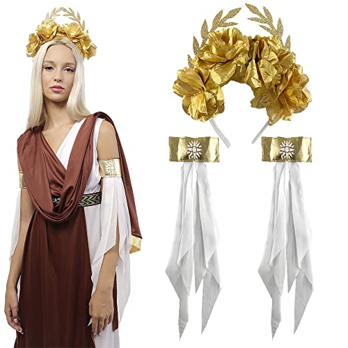 Diadema Dorada de Hojas y Manguitos para Medusa Griega Mujer y Disfraz de Diosa Romana de Carnaval y Halloween