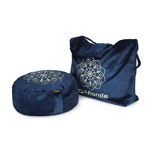 DiMonde Zafu - Cojín de meditación y yoga redondo con bolsa gamuza – Funda extraíble y lavable – Relleno de cáscaras de trigo sarraceno– Asa lateral – Mandala – Altura 13 cm – Diámetro 33 cm Azul
