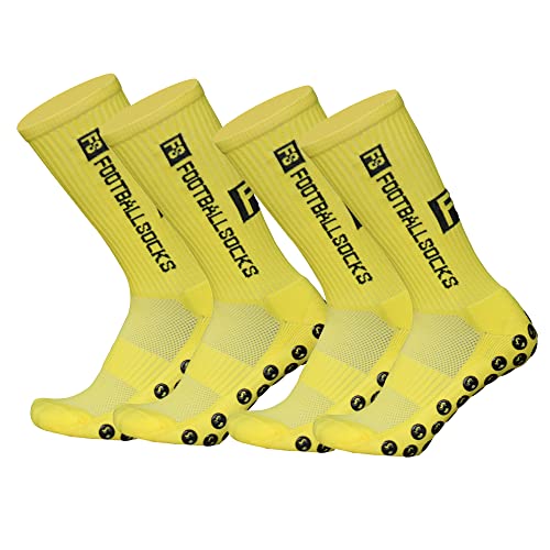 Dinjunxi Grip Calcetines de fútbol 2 pares de calcetines de fútbol para hombre unisex | diseño antideslizante | escala universal 39-46 | 75% algodón | calcetines de fútbol para niños, amarillo