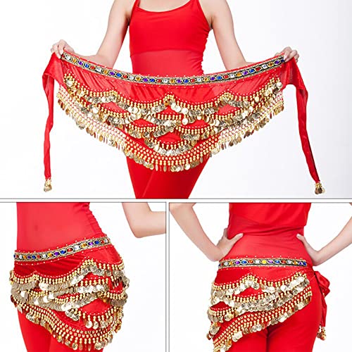 Dioche Danza del Vientre Cinturón, Cinturón de Danza Oriental Belly Dance Cinturón de Lentejuelas con 328 Piezas de Oro(23 * 17 * 3cm-Rojo)