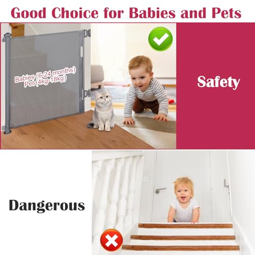 Dioxide Puerta Seguridad Retráctil para Bebés, 0-150 cm, Barrera Seguridad para Escaleras para Niños y Perros, Adecuada para Escaleras, Pasillos, Interiores y Exteriores (Gris)