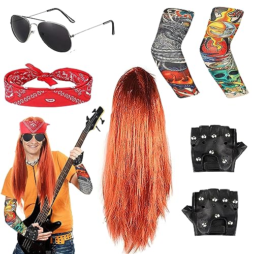 Disfraz Rockero, Punk Gothic Rocker Kit, Disfraces de Rock Accesorios con Peluca Roja Gafas de Sol Mangas de Tatuaje Cubre Bandana Guantes de Punk para Mujeres Hombres Adulto Fiesta Del Año 70 80 90