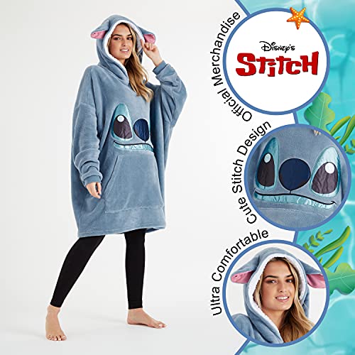 Disney Stitch Sudadera Mujer - Sudadera Manta con Capucha de Forro Polar, Talla Única, Oversize - Regalos para Mujer (Azul)
