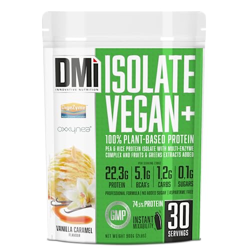 DMI ISOLATE VEGAN+ (With Oxxynea® + DigeZyme®) - Base de Aislado de Proteína de Guisante y Arroz - 900 gr (Vanilla Caramelo)