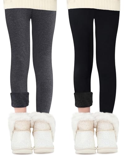 Domee Leggings Térmicos Algodón Pantalon Forro Polar Niña Pack de 2 Negro+Gris Oscuro 11-12 años (Talla del Fabricante 170)
