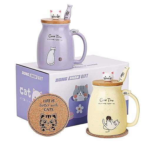DONGSHANGIFT Juego de 2 tazas de gato Taza de Té Gato Taza de Cerámica con Tapa y Cuchara Kawaii Tazas para Mujer 500ml Navidad Cumpleaños Taza Regalo Gato (Morado y Amarillo)