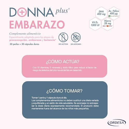 DONNAplus Embarazo - Complemento Alimenticio para el Embarazo con DHA, Ácido fólico, Yodo, Vitaminas y Minerales, 30 Perlas y 30 Cápsulas Duras