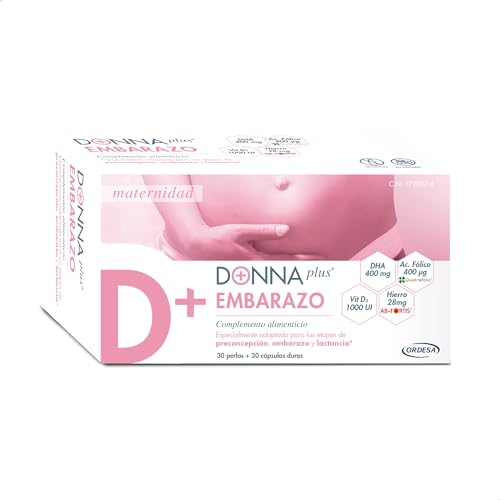 DONNAplus Embarazo - Complemento Alimenticio para el Embarazo con DHA, Ácido fólico, Yodo, Vitaminas y Minerales, 30 Perlas y 30 Cápsulas Duras