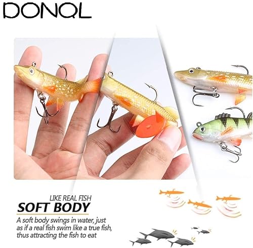 DONQL Kit de señuelos de pesca suaves, señuelos de pesca para truchas de agua dulce, lubina, salmón, incluye cebos giratorios vivos, cebos de silicona artificiales con caja (10 unidades)