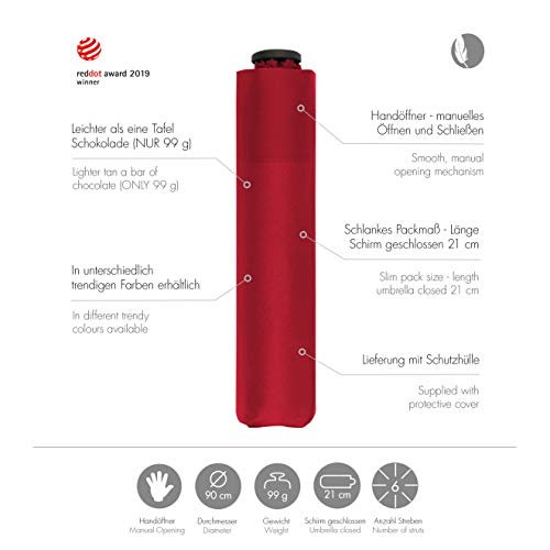 doppler Bolsillo Paraguas Cero,99 - Peso de sólo 99 Gramos - Estable - A Prueba de Viento - 21 cm - Fiery Red