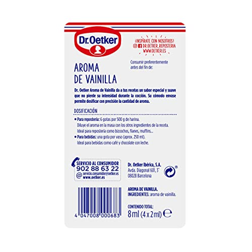 DR. OETKER Aroma de Vainilla, Esencia de Vainilla Especial para Repostería y Bebidas - Pack de 4 frascos monodosis de 2ml cada uno (Cantidad Total 8ml)