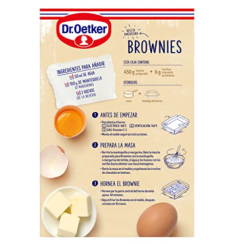 DR. OETKER - Estuche con Preparado en Polvo para Hacer Brownies 450g y Molde Listo para Hornear y Pepitas de Chocolate en Láminas 6g (Cantidad 16 Raciones)